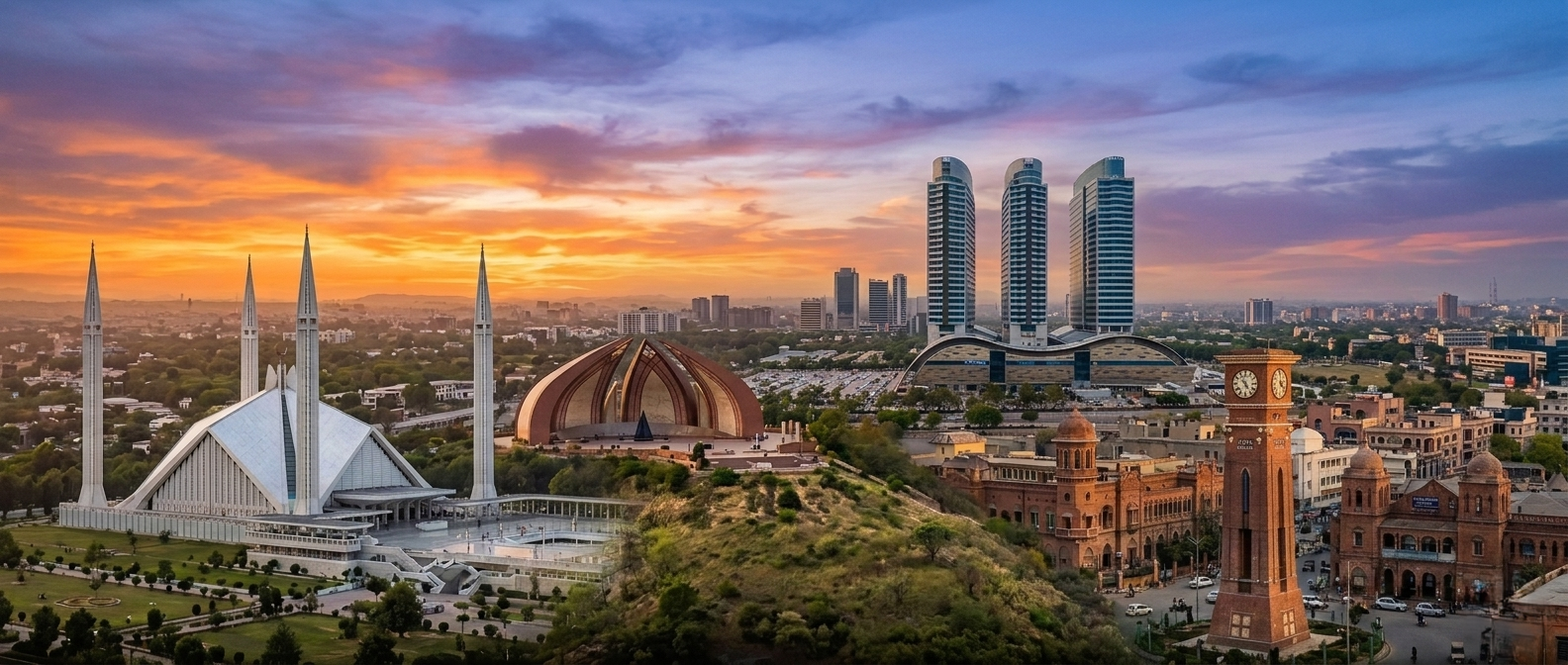 Rawalpindi-Islamabad, Faisal Mosque and skyline at golden hour